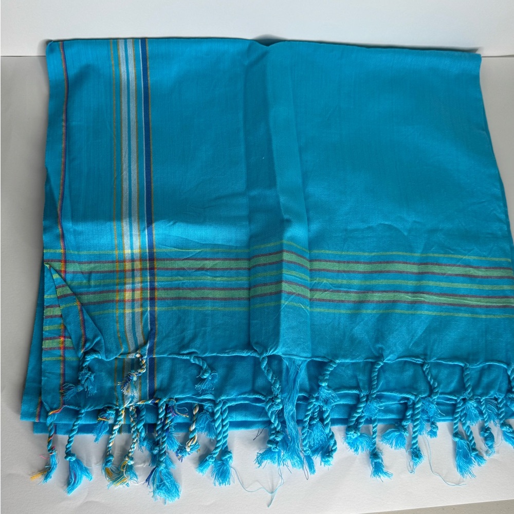 Blue and Yellow Striped Scarf with Fringe
